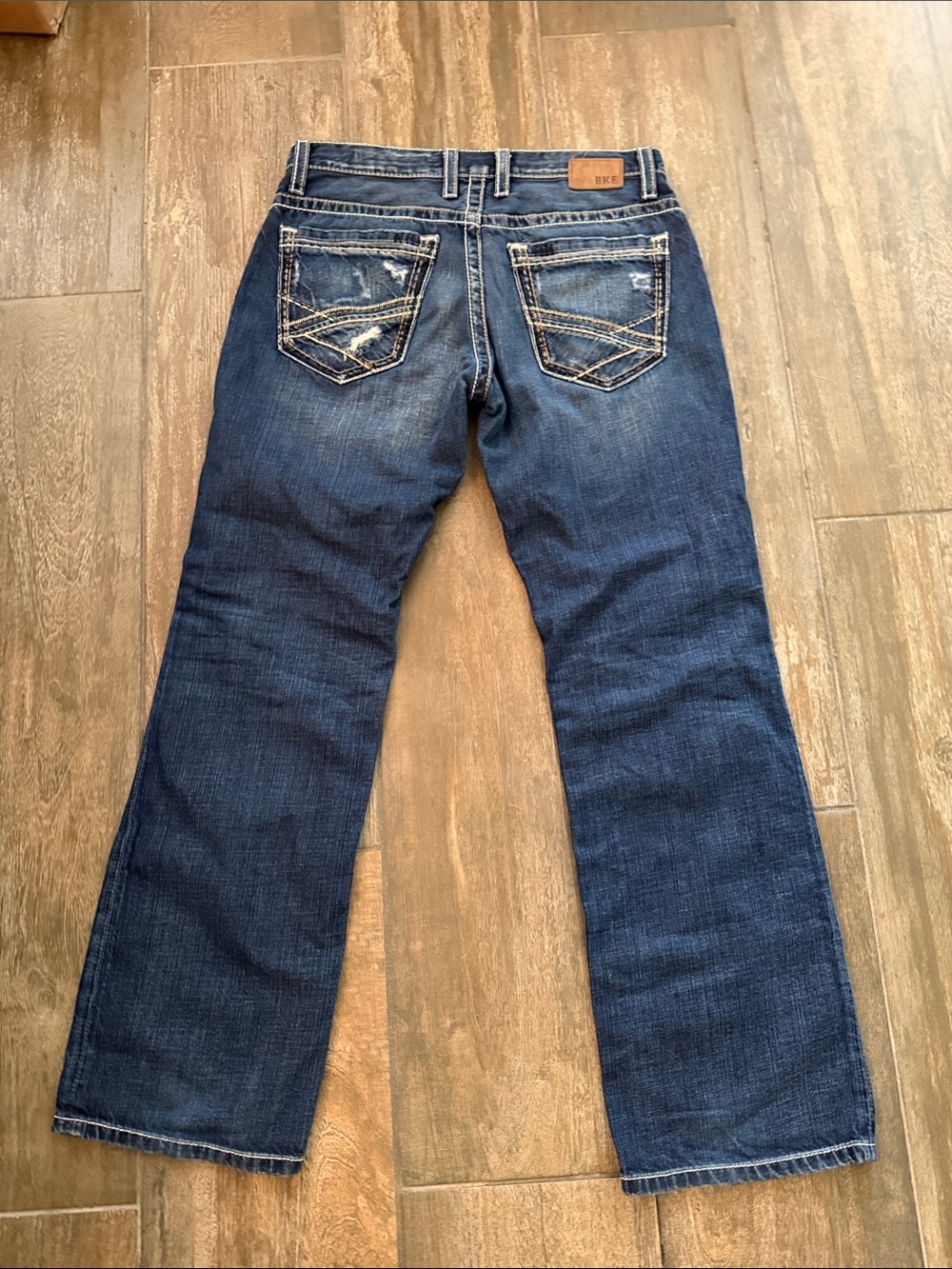 BKE CARTER Men's Dark Indigo Bootcut Jeans with Distressed Back Pockets 32R